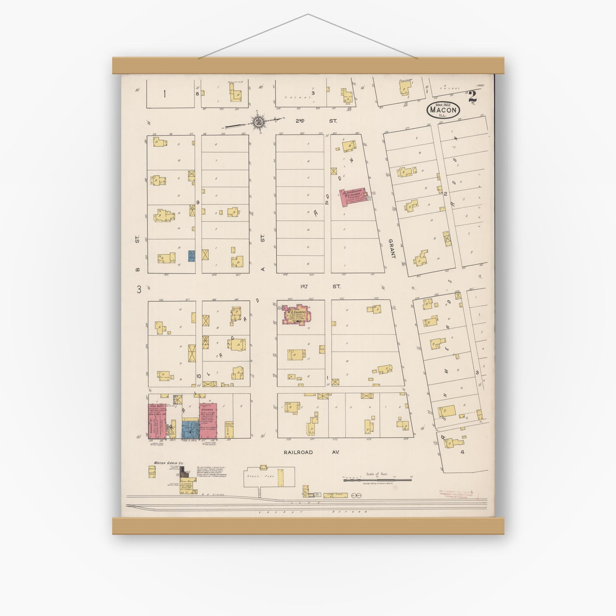 Old map wall art mockup — magnetic wood frame on white wall — Sanborn Fire Insurance Map from Macon, Macon County, Illinois (1922), Sheet #0002