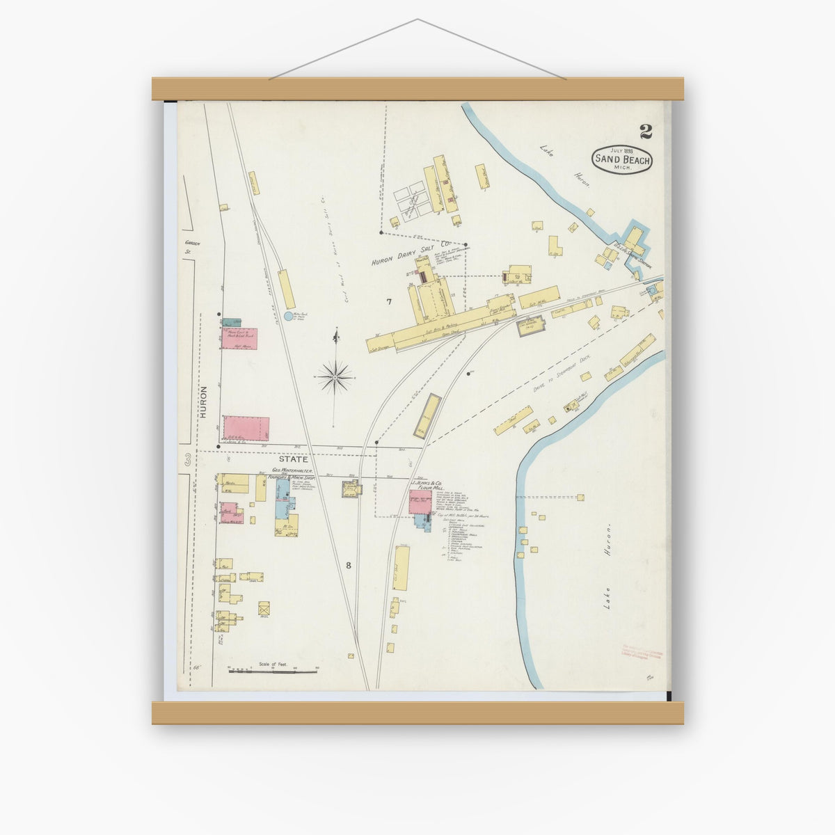Old map wall art mockup — magnetic wood frame on white wall — Sanborn Fire Insurance Map from Sand Beach, Huron County, Michigan (1893), Sheet #0002