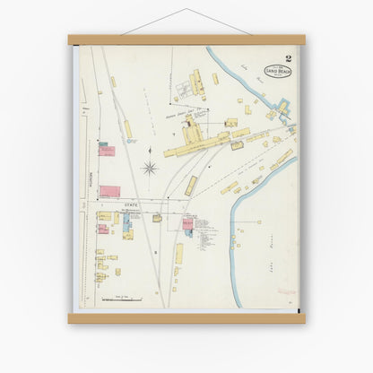 Old map wall art mockup — magnetic wood frame on white wall — Sanborn Fire Insurance Map from Sand Beach, Huron County, Michigan (1893), Sheet #0002
