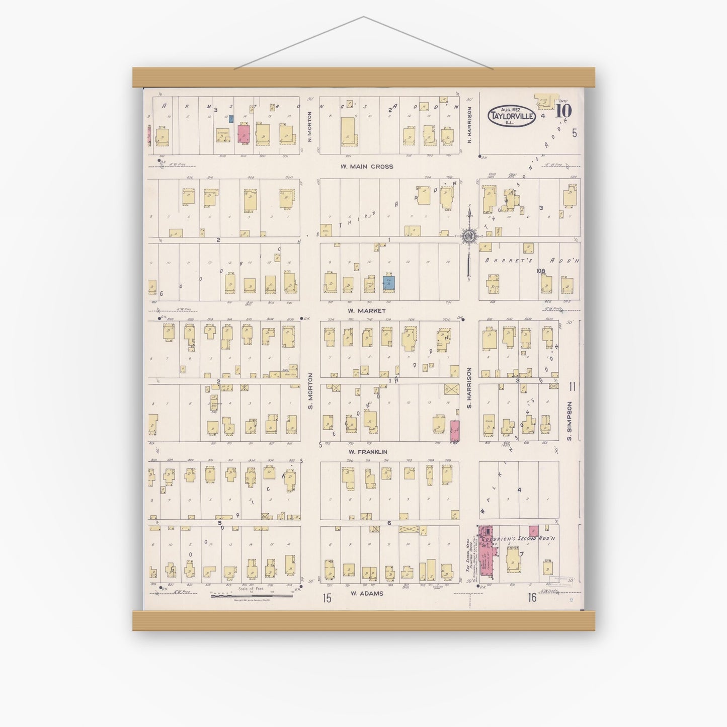 Old map wall art mockup — magnetic wood frame on white wall — Sanborn Fire Insurance Map from Taylorville, Christian County, Illinois (1922), Sheet #0010