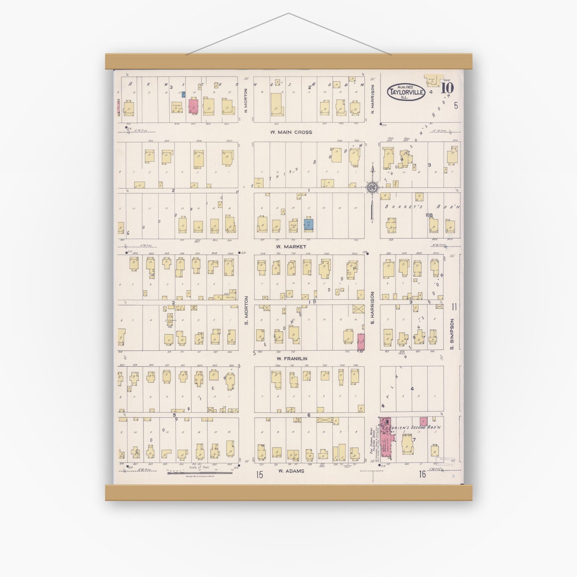Old map wall art mockup — magnetic wood frame on white wall — Sanborn Fire Insurance Map from Taylorville, Christian County, Illinois (1922), Sheet #0010