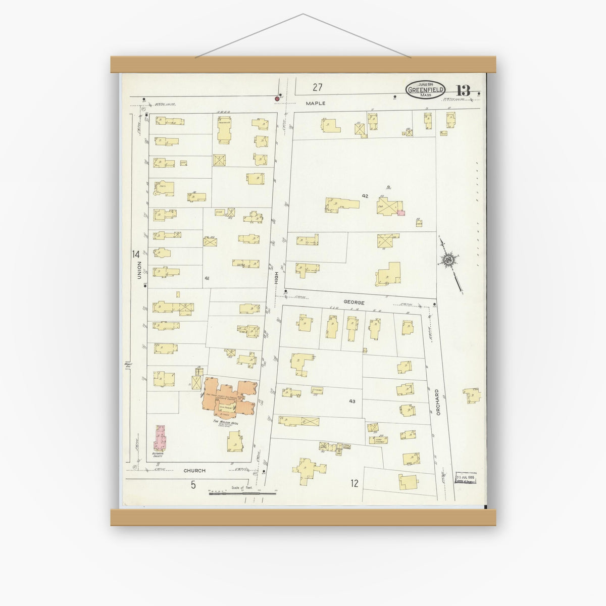 Old map wall art mockup — magnetic wood frame on white wall — Sanborn Fire Insurance Map from Greenfield, Franklin County, Massachusetts (1914), Sheet #0013