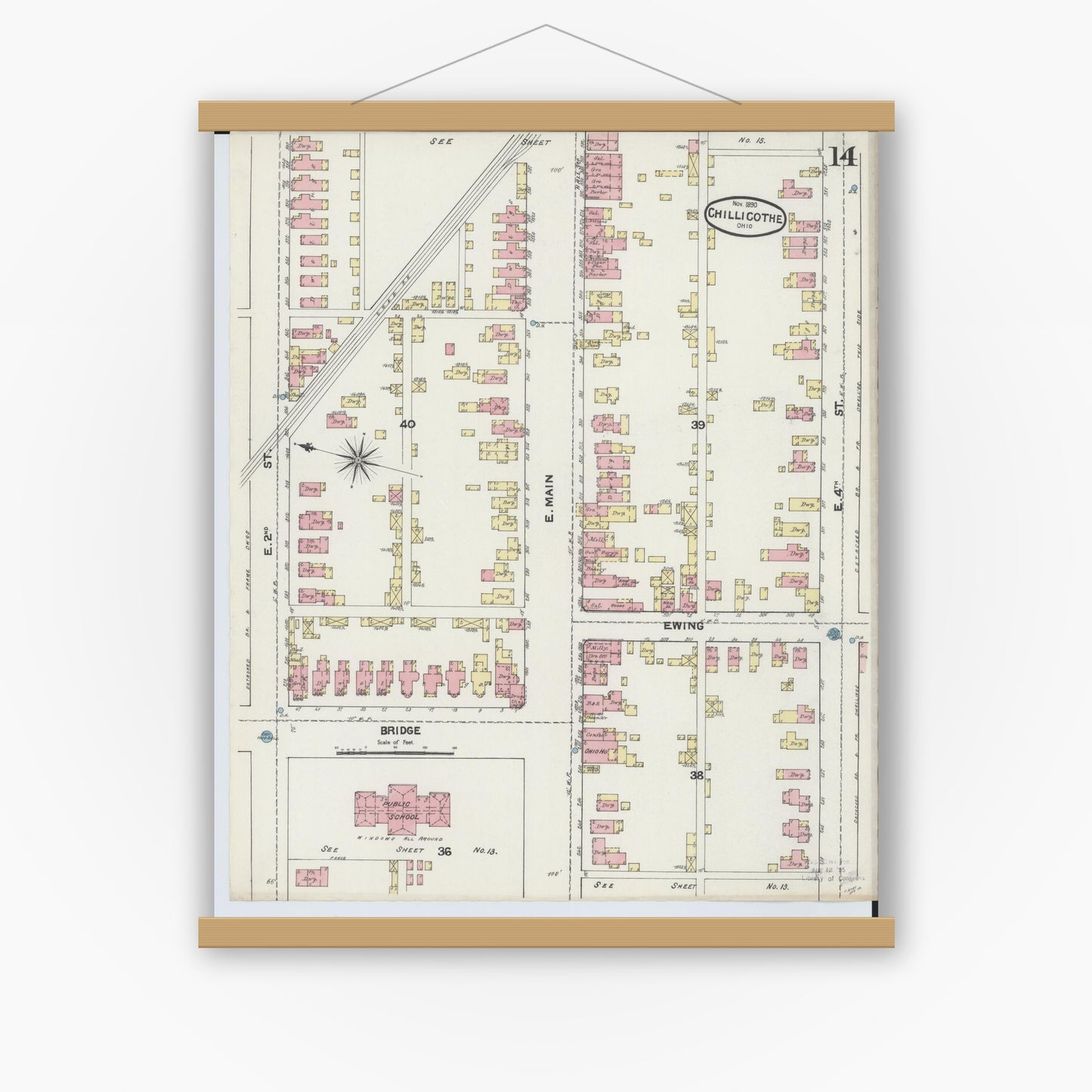 Old map wall art mockup — magnetic wood frame on white wall — Sanborn Fire Insurance Map from Chillicothe, Ross County, Ohio (1890), Sheet #0014