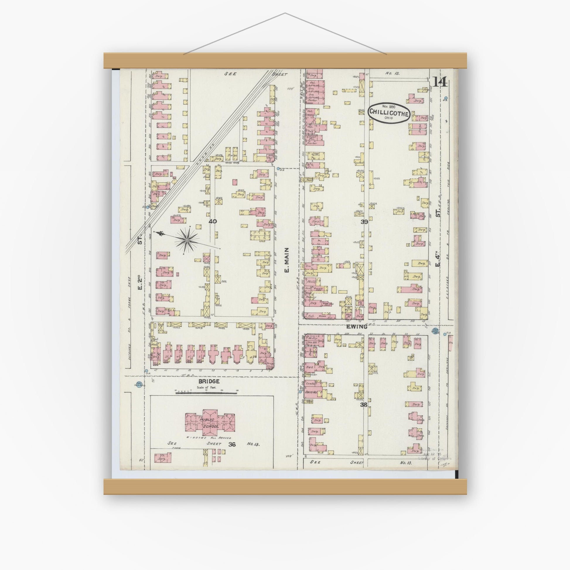 Old map wall art mockup — magnetic wood frame on white wall — Sanborn Fire Insurance Map from Chillicothe, Ross County, Ohio (1890), Sheet #0014