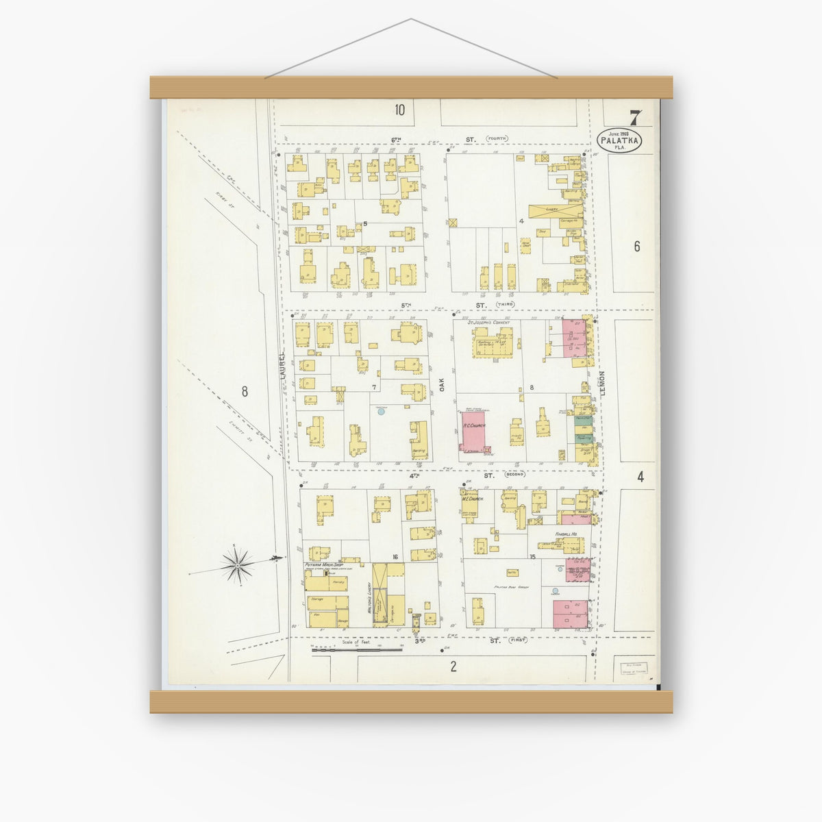 Old map wall art mockup — magnetic wood frame on white wall — Sanborn Fire Insurance Map from Palatka, Putnam County, Florida (1903), Sheet #0007