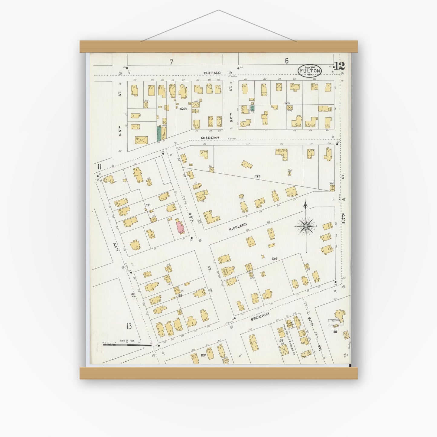 Old map wall art mockup — magnetic wood frame on white wall — Sanborn Fire Insurance Map from Fulton, Oswego County, New York (1906), Sheet #0012