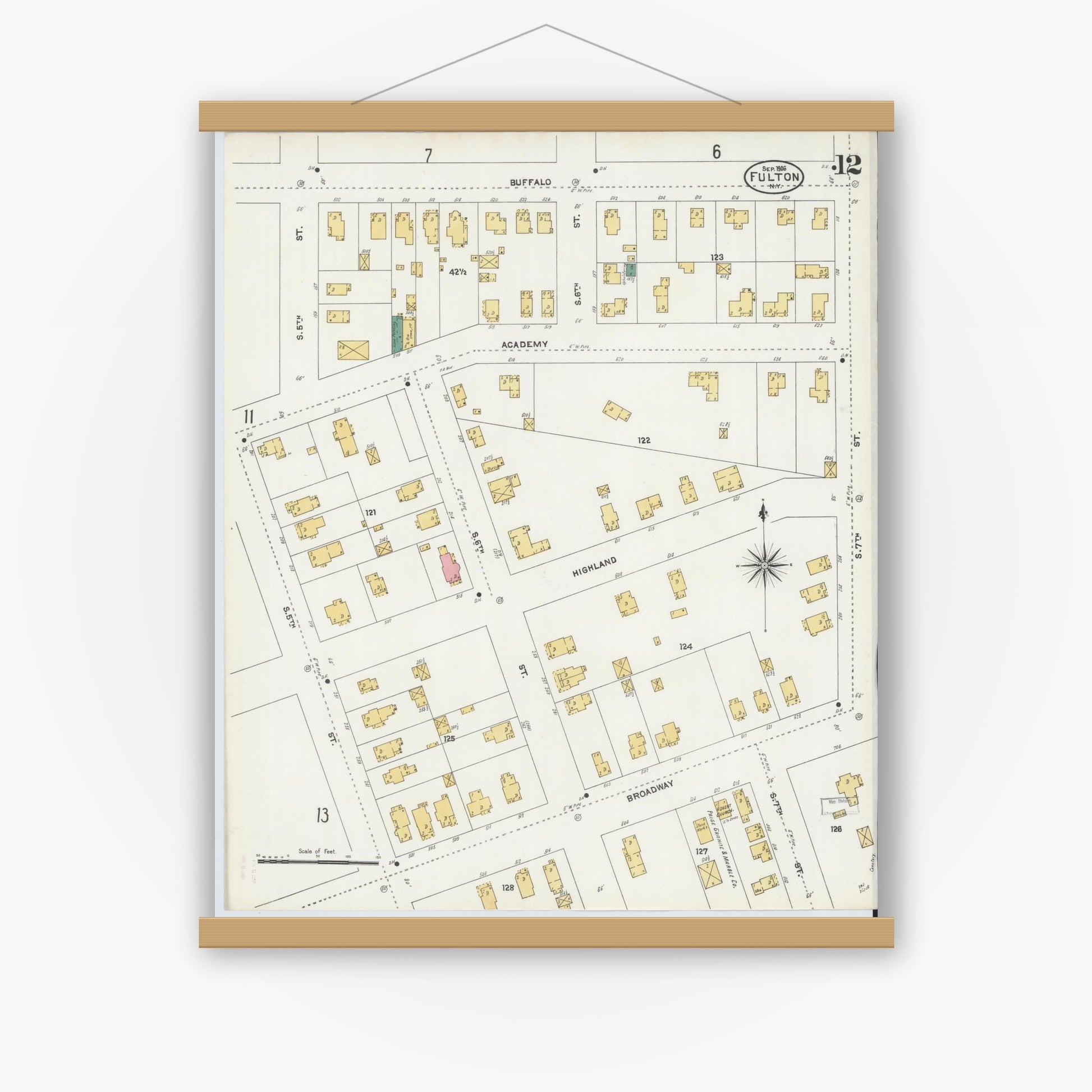 Old map wall art mockup — magnetic wood frame on white wall — Sanborn Fire Insurance Map from Fulton, Oswego County, New York (1906), Sheet #0012