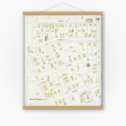 Old map wall art mockup — magnetic wood frame on white wall — Sanborn Fire Insurance Map from Fulton, Oswego County, New York (1906), Sheet #0012