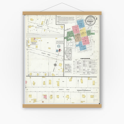 Old map wall art mockup — magnetic wood frame on white wall — Sanborn Fire Insurance Map from Bement, Piatt County, Illinois (1915) - Complete Map Set
