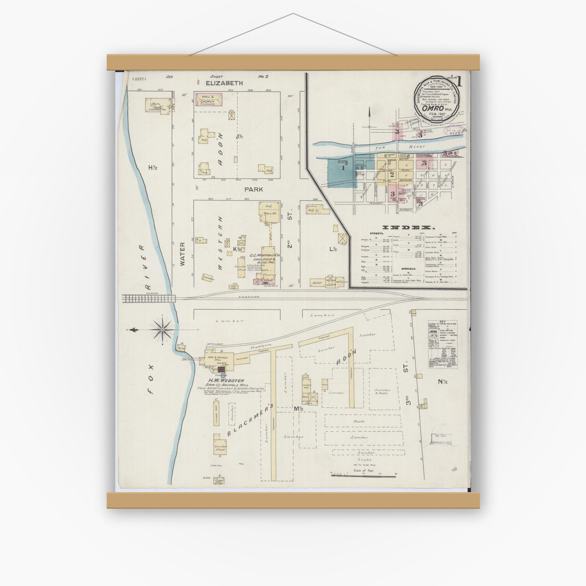 Old map wall art mockup — magnetic wood frame on white wall — Sanborn Fire Insurance Map from Omro, Winnebago County, Wisconsin (1887) - Complete Map Set