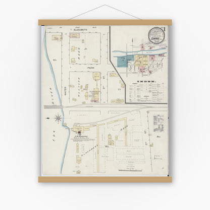 Old map wall art mockup — magnetic wood frame on white wall — Sanborn Fire Insurance Map from Omro, Winnebago County, Wisconsin (1887) - Complete Map Set