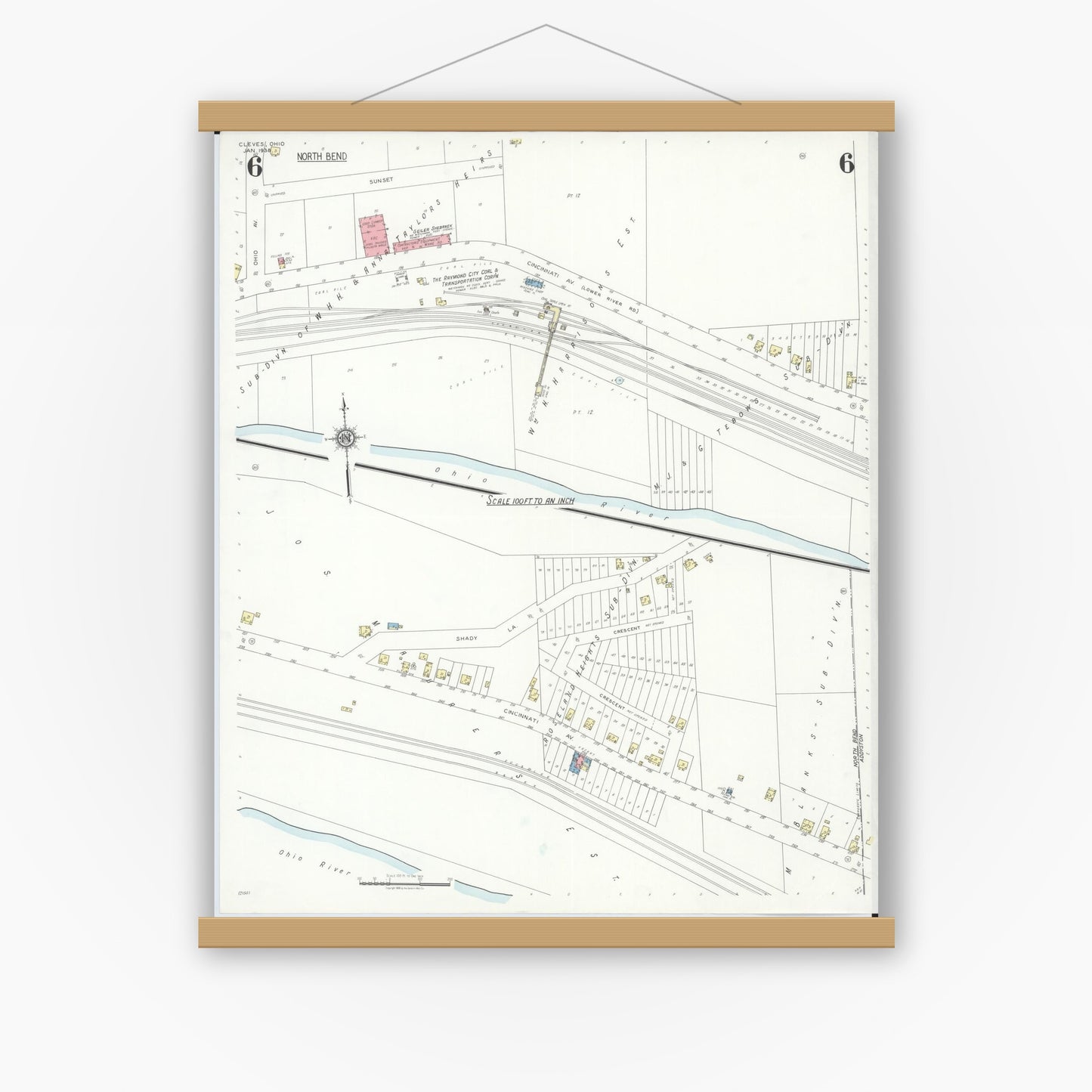 Old map wall art mockup — magnetic wood frame on white wall — Sanborn Fire Insurance Map from Cleves, Hamilton County, Ohio (1938), Sheet #0006