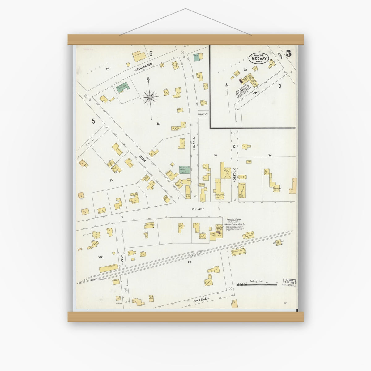 Old map wall art mockup — magnetic wood frame on white wall — Sanborn Fire Insurance Map from Medway, Norfolk County, Massachusetts (1903), Sheet #0005