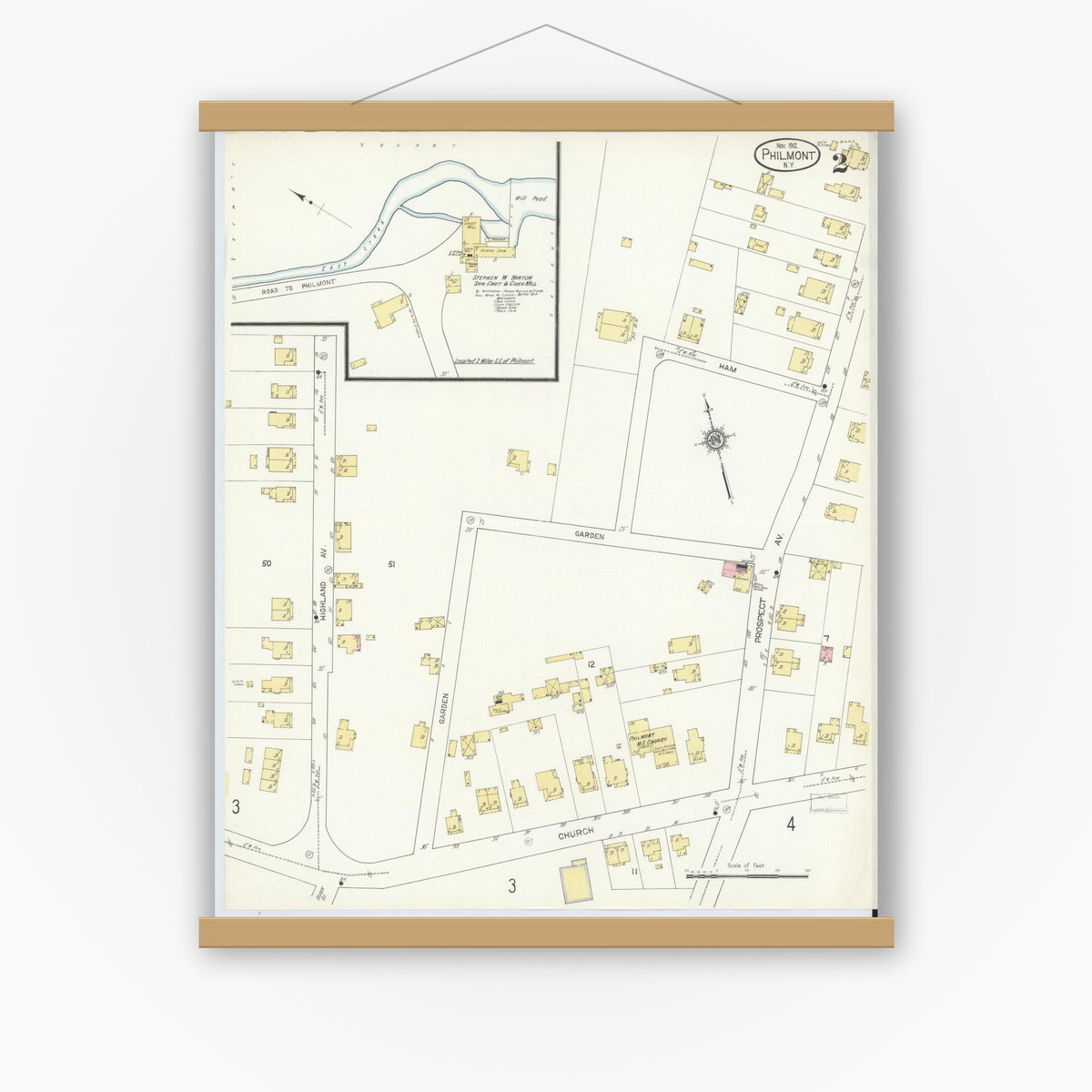 Old map wall art mockup — magnetic wood frame on white wall — Sanborn Fire Insurance Map from Philmont, Columbia County, New York (1912), Sheet #0002