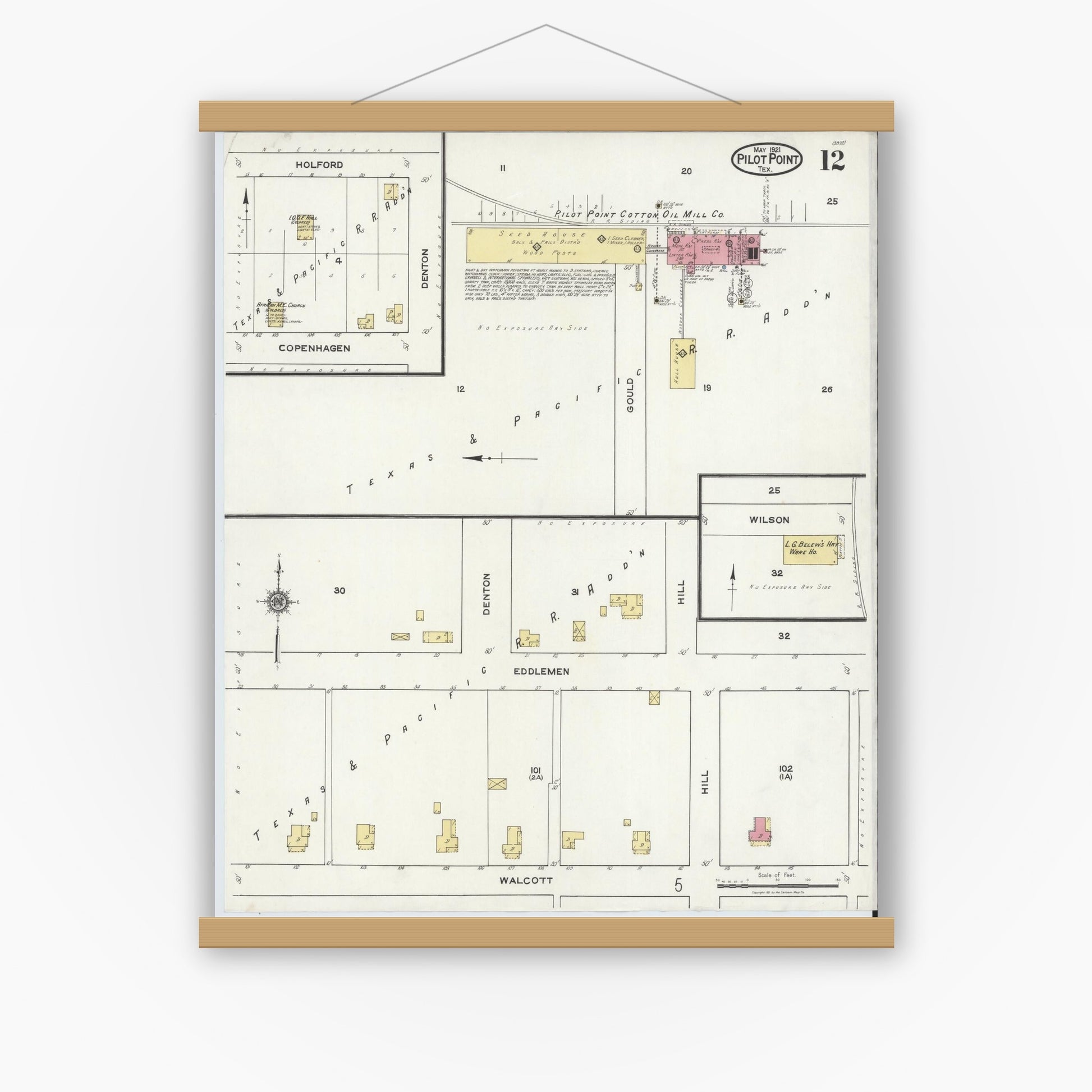 Old map wall art mockup — magnetic wood frame on white wall — Sanborn Fire Insurance Map from Pilot Point, Denton County, Texas (1921), Sheet #0012