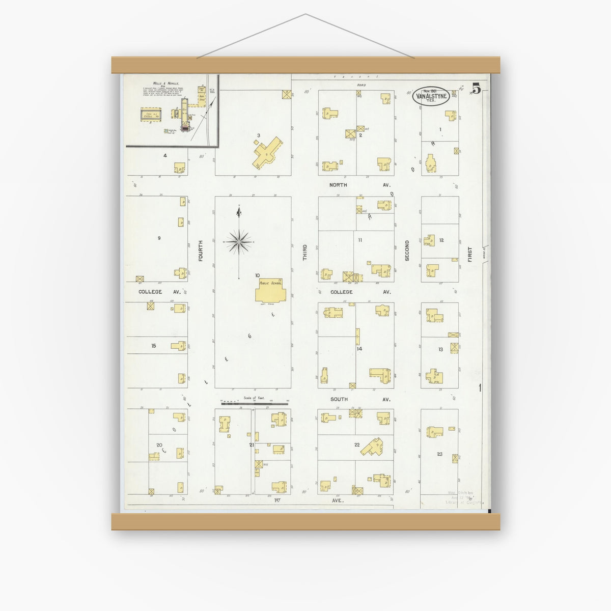 Old map wall art mockup — magnetic wood frame on white wall — Sanborn Fire Insurance Map from Van Alstyne, Grayson County, Texas (1901), Sheet #0005