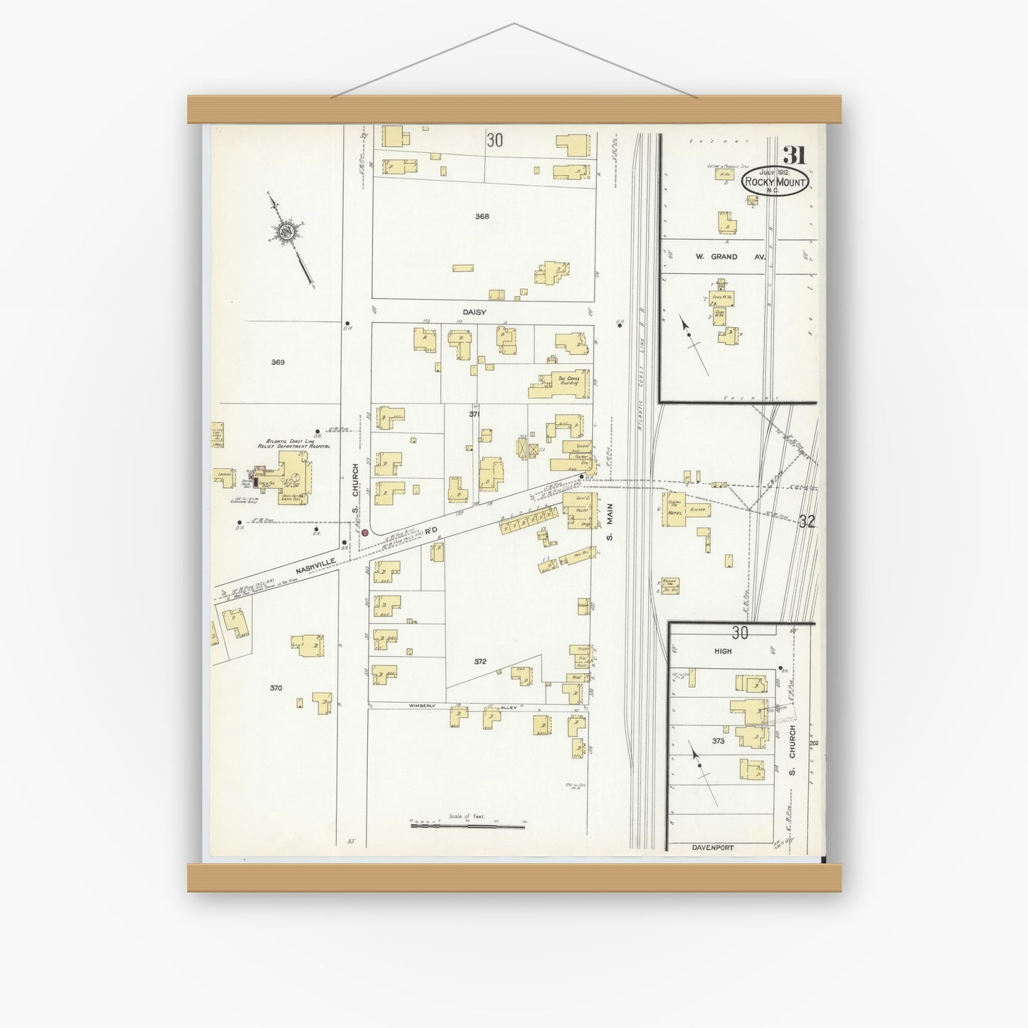 Old map wall art mockup — magnetic wood frame on white wall — Sanborn Fire Insurance Map from Rocky Mount, Edgecombe And Nash Counties, North Carolina (1912), Sheet #0031