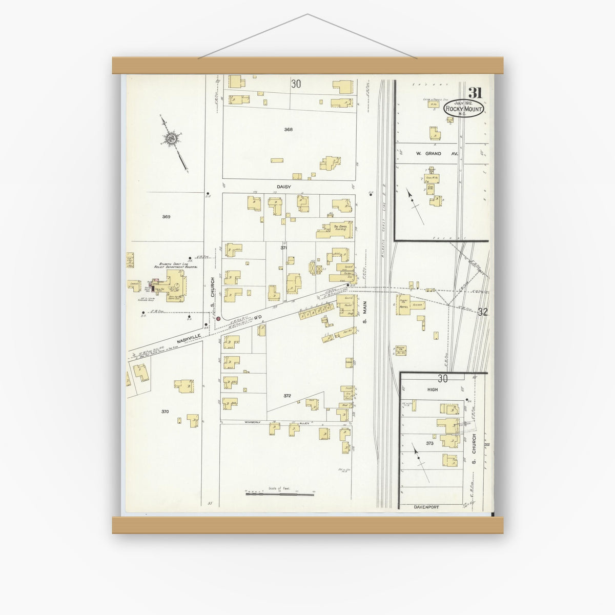 Old map wall art mockup — magnetic wood frame on white wall — Sanborn Fire Insurance Map from Rocky Mount, Edgecombe And Nash Counties, North Carolina (1912), Sheet #0031