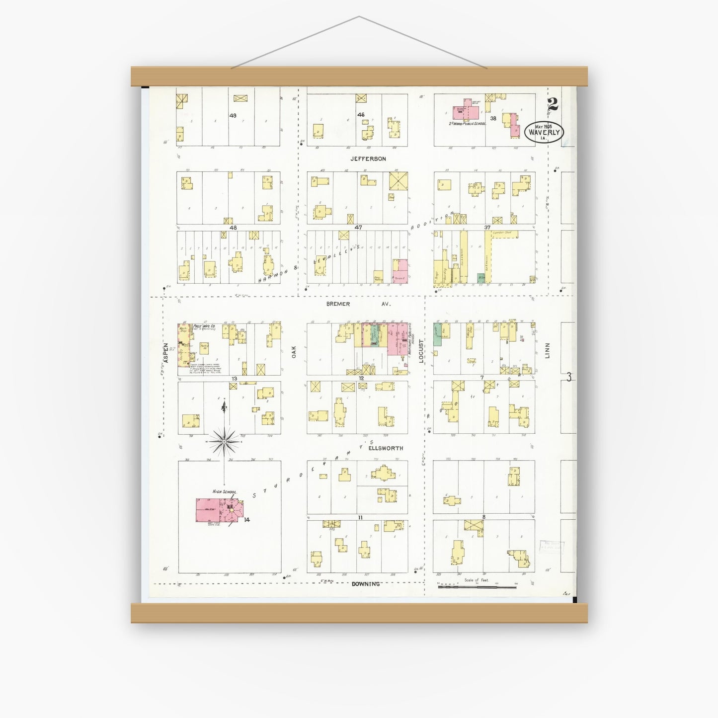 Old map wall art mockup — magnetic wood frame on white wall — Sanborn Fire Insurance Map from Waverly, Bremer County, Iowa (1905), Sheet #0002