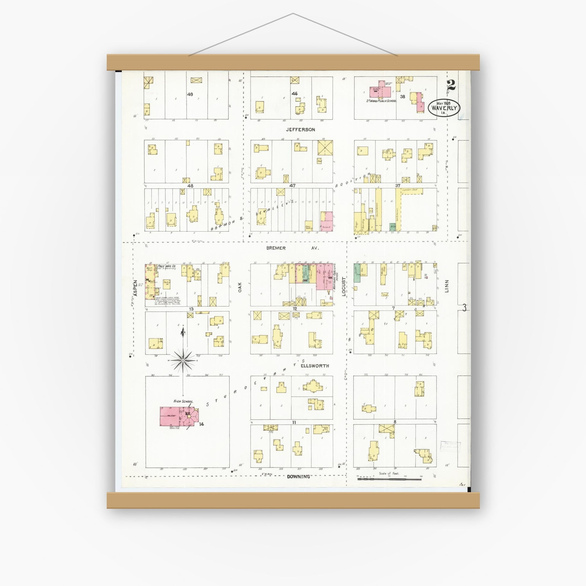 Old map wall art mockup — magnetic wood frame on white wall — Sanborn Fire Insurance Map from Waverly, Bremer County, Iowa (1905), Sheet #0002