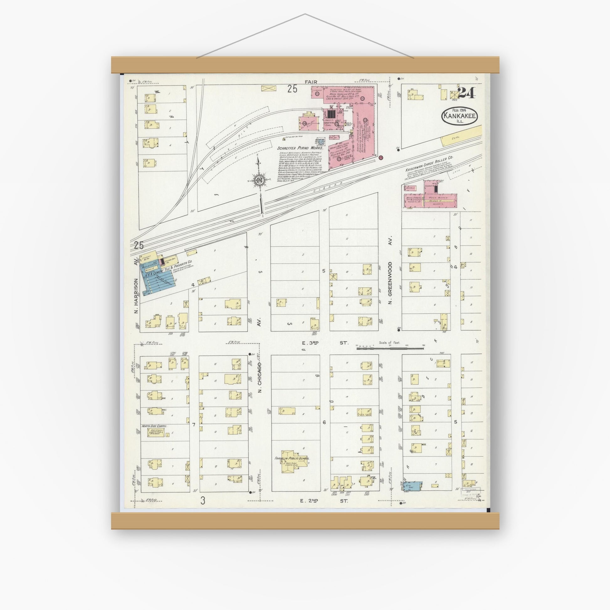 Old map wall art mockup — magnetic wood frame on white wall — Sanborn Fire Insurance Map from Kankakee, Kankakee County, Illinois (1914), Sheet #0024