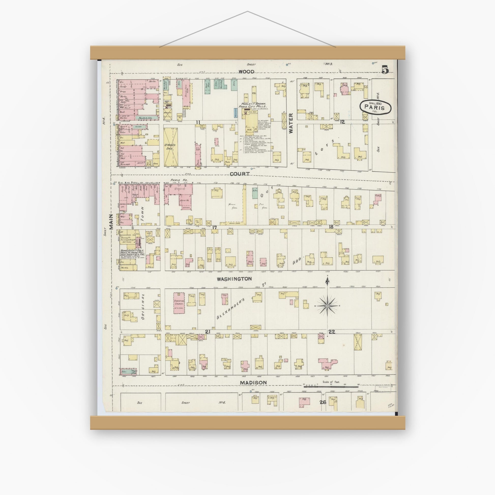 Old map wall art mockup — magnetic wood frame on white wall — Sanborn Fire Insurance Map from Paris, Edgar County, Illinois (1890), Sheet #0005