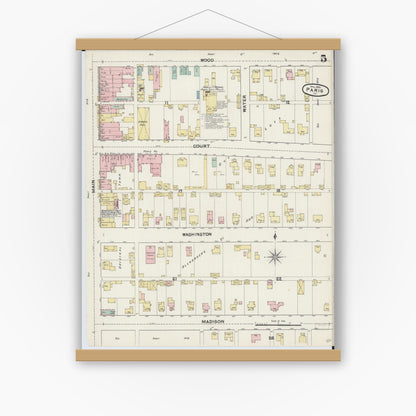 Old map wall art mockup — magnetic wood frame on white wall — Sanborn Fire Insurance Map from Paris, Edgar County, Illinois (1890), Sheet #0005