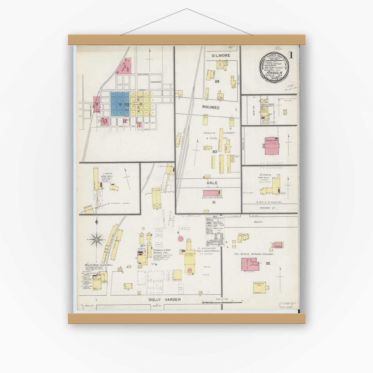 Old map wall art mockup — magnetic wood frame on white wall — Sanborn Fire Insurance Map from Angola, Steuben County, Indiana (1892) - Complete Map Set