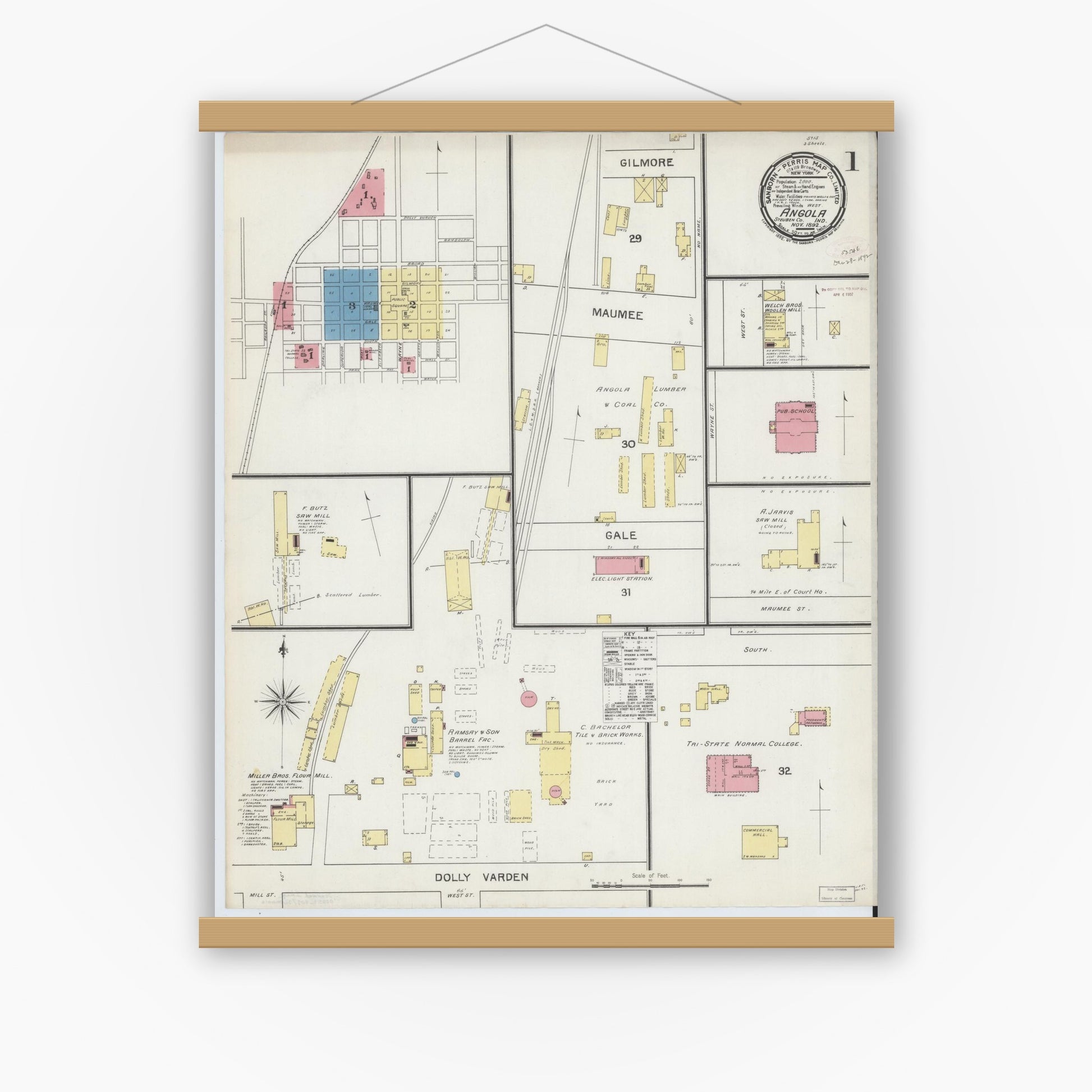Old map wall art mockup — magnetic wood frame on white wall — Sanborn Fire Insurance Map from Angola, Steuben County, Indiana (1892) - Complete Map Set