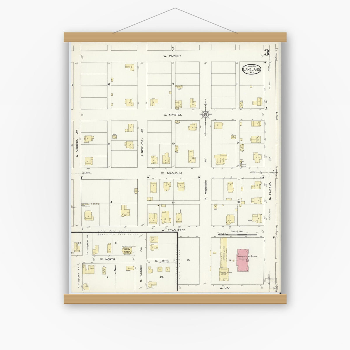 Old map wall art mockup — magnetic wood frame on white wall — Sanborn Fire Insurance Map from Lakeland, Polk County, Florida (1913), Sheet #0003