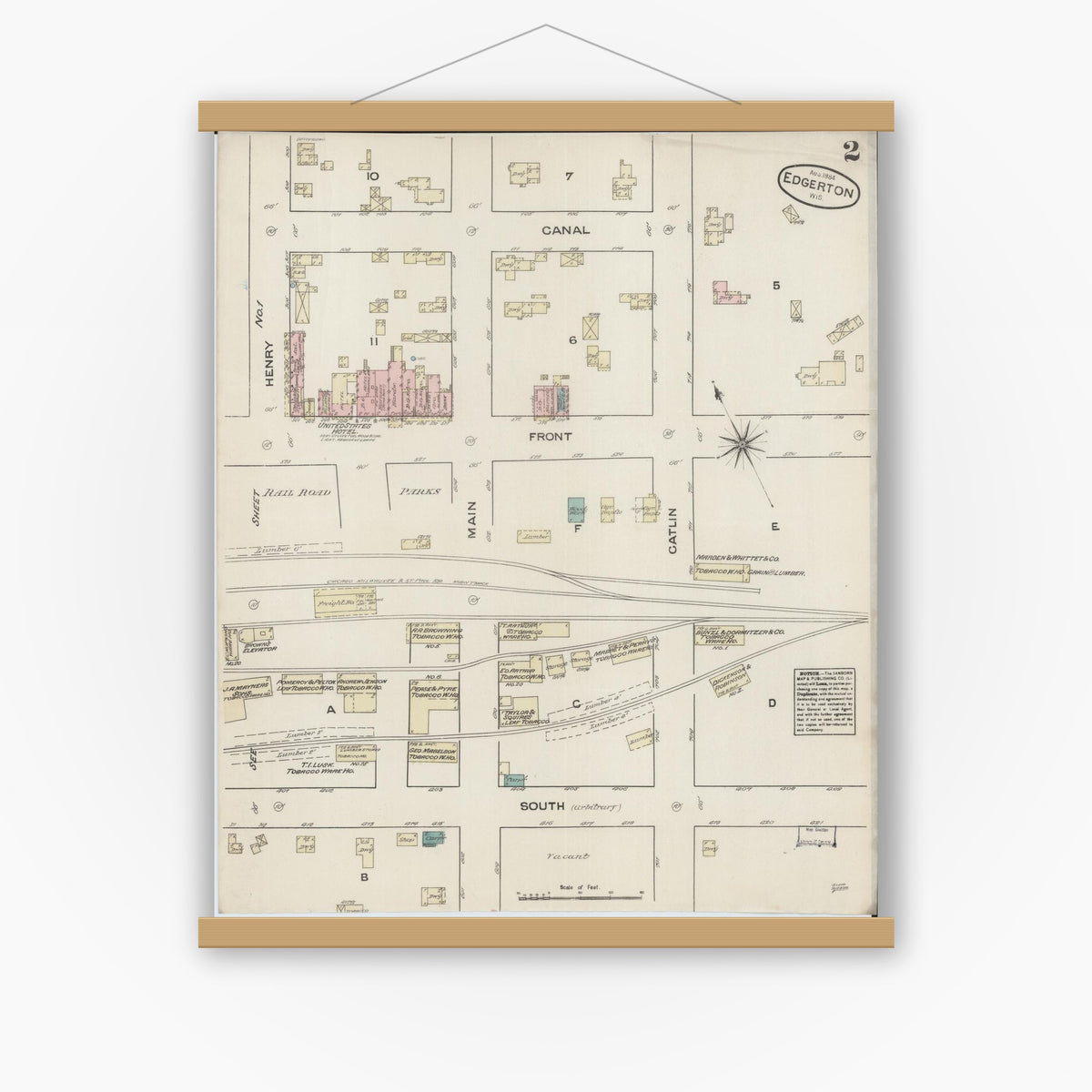 Old map wall art mockup — magnetic wood frame on white wall — Sanborn Fire Insurance Map from Edgerton, Rock County, Wisconsin (1884), Sheet #0002