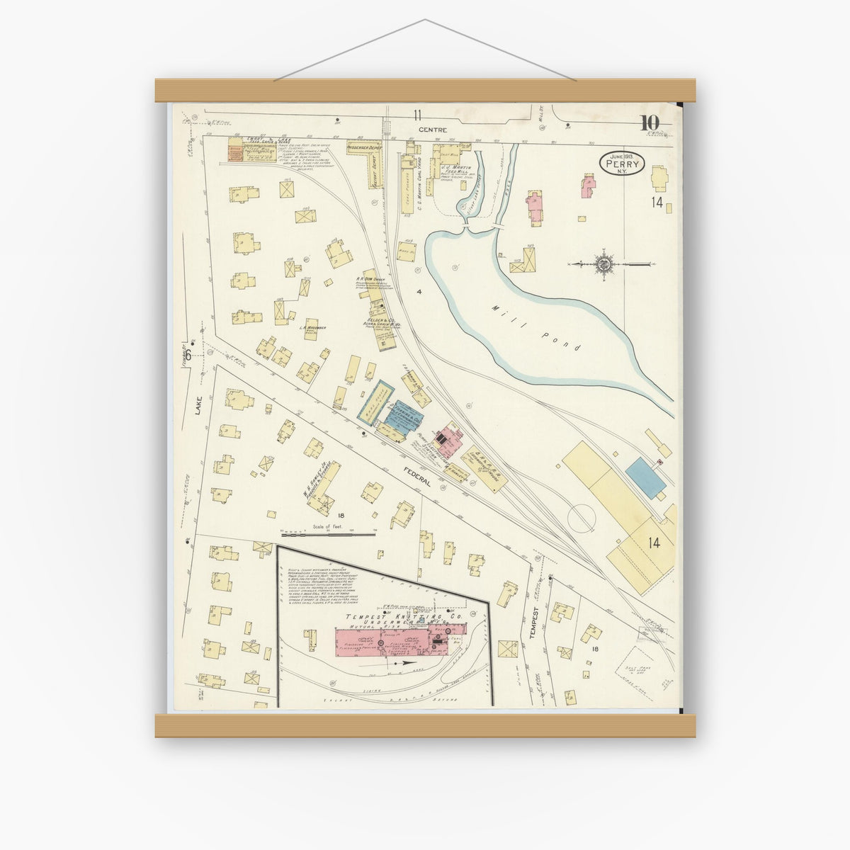 Old map wall art mockup — magnetic wood frame on white wall — Sanborn Fire Insurance Map from Perry, Wyoming County, New York (1913), Sheet #0010