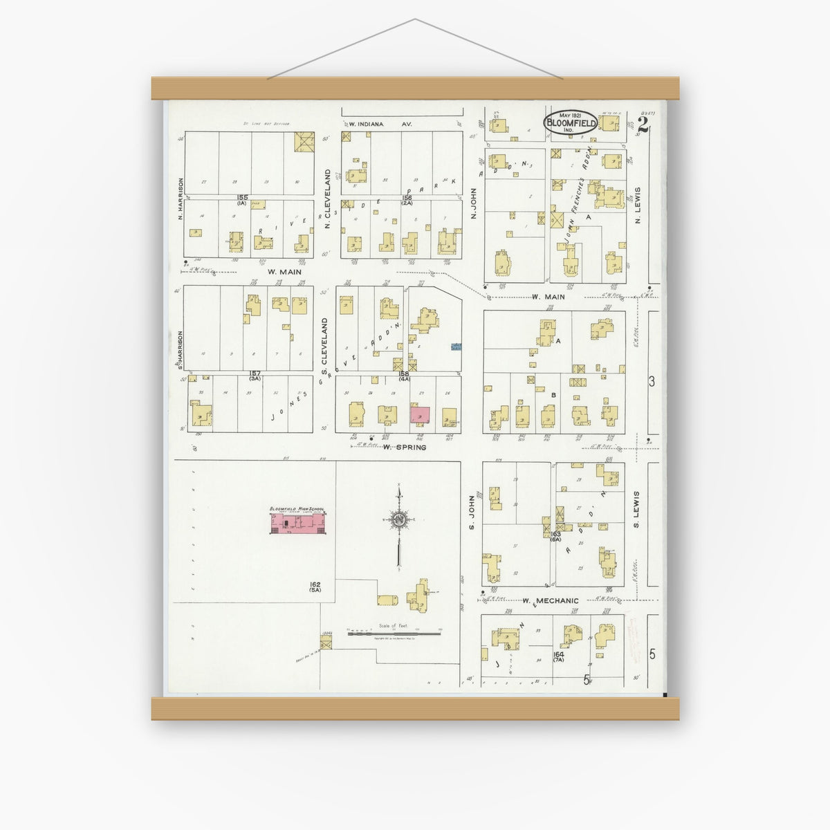 Old map wall art mockup — magnetic wood frame on white wall — Sanborn Fire Insurance Map from Bloomfield, Greene County, Indiana (1921), Sheet #0002