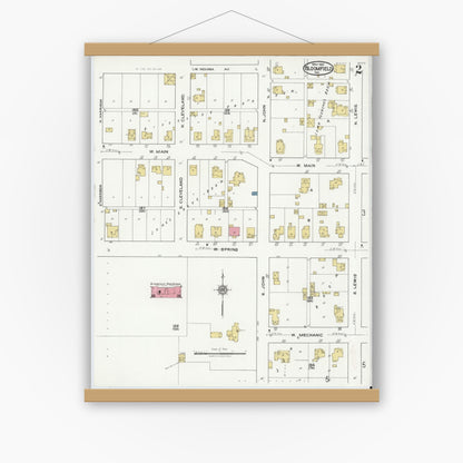 Old map wall art mockup — magnetic wood frame on white wall — Sanborn Fire Insurance Map from Bloomfield, Greene County, Indiana (1921), Sheet #0002