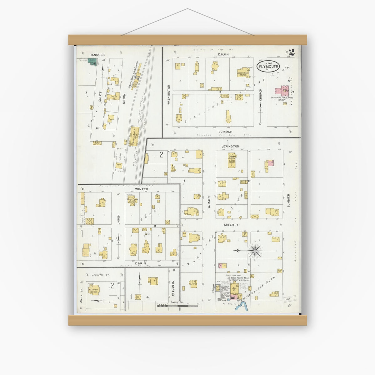Old map wall art mockup — magnetic wood frame on white wall — Sanborn Fire Insurance Map from Plymouth, Hancock County, Illinois (1906), Sheet #0002