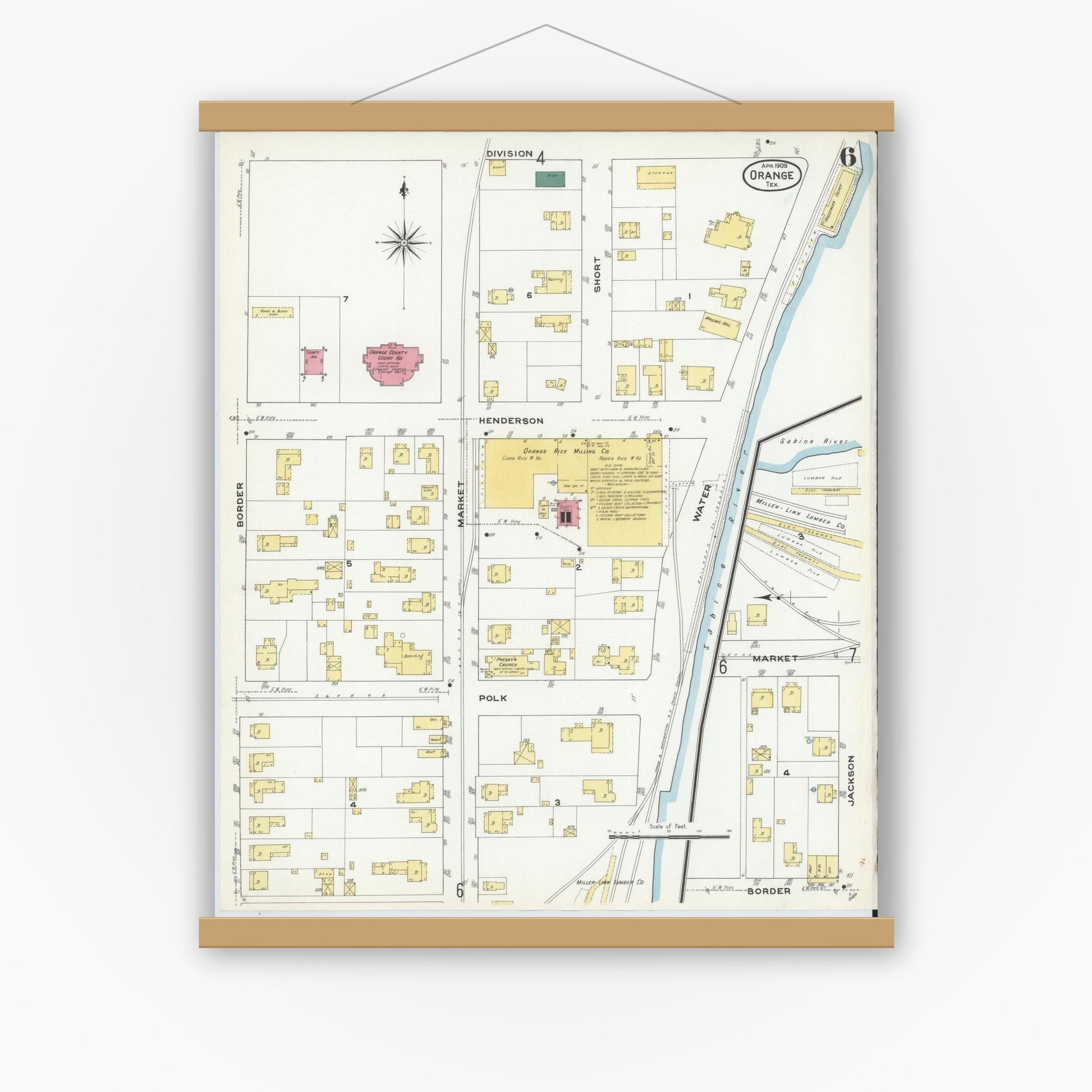 Old map wall art mockup — magnetic wood frame on white wall — Sanborn Fire Insurance Map from Orange, Orange County, Texas (1909), Sheet #0006