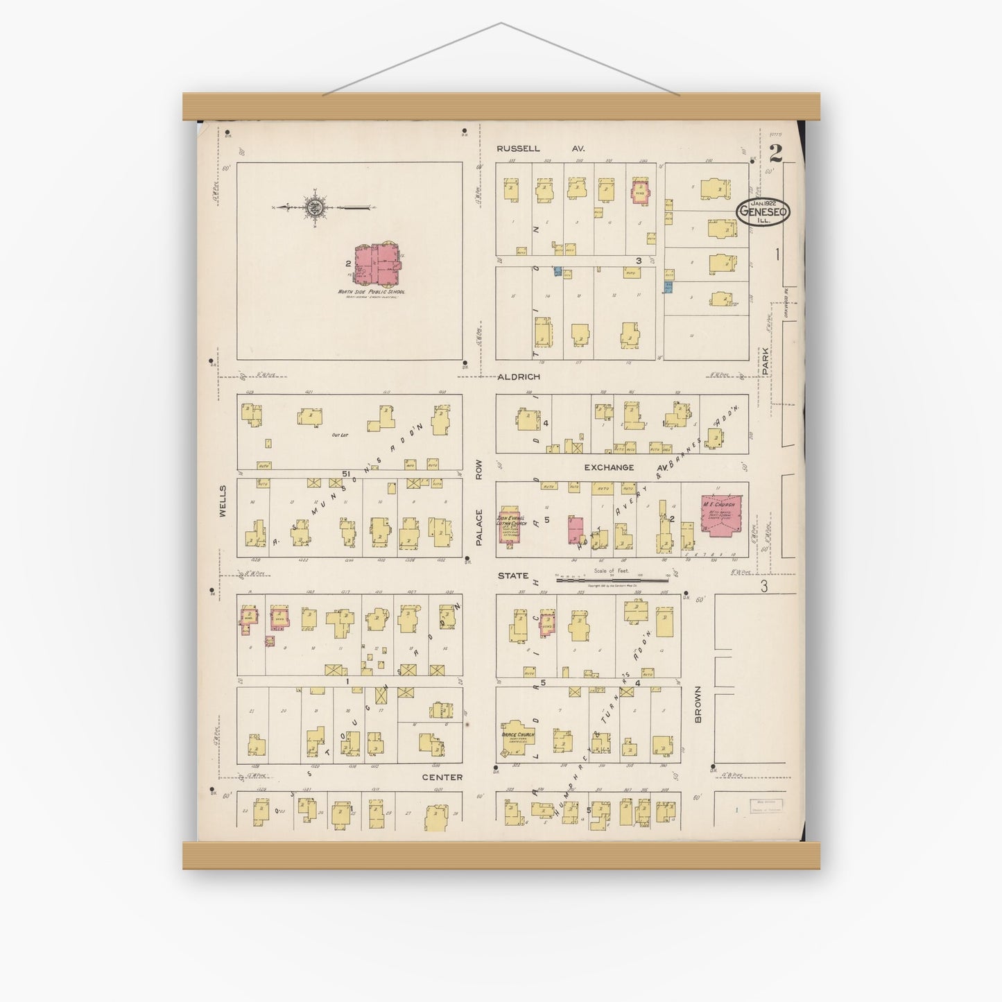Old map wall art mockup — magnetic wood frame on white wall — Sanborn Fire Insurance Map from Geneseo, Henry County, Illinois (1922), Sheet #0002