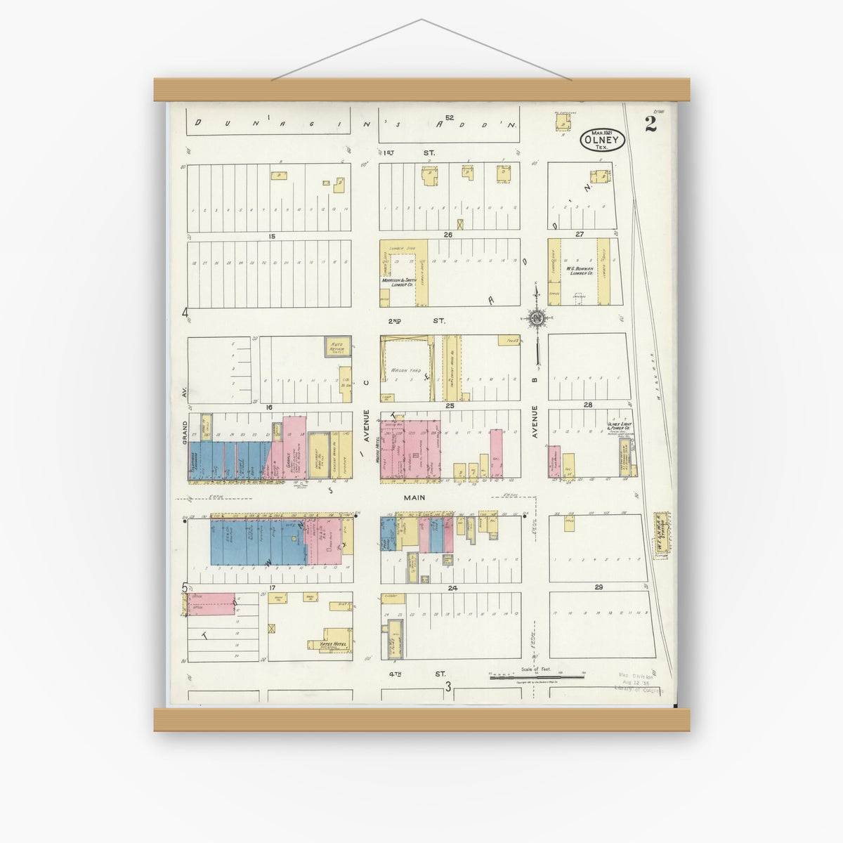 Old map wall art mockup — magnetic wood frame on white wall — Sanborn Fire Insurance Map from Olney, Young County, Texas (1921), Sheet #0002