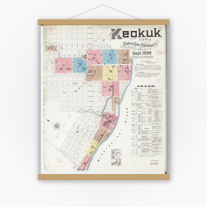 Old map wall art mockup — magnetic wood frame on white wall — Sanborn Fire Insurance Map from Keokuk, Lee County, Iowa (1888) â€” Complete Set