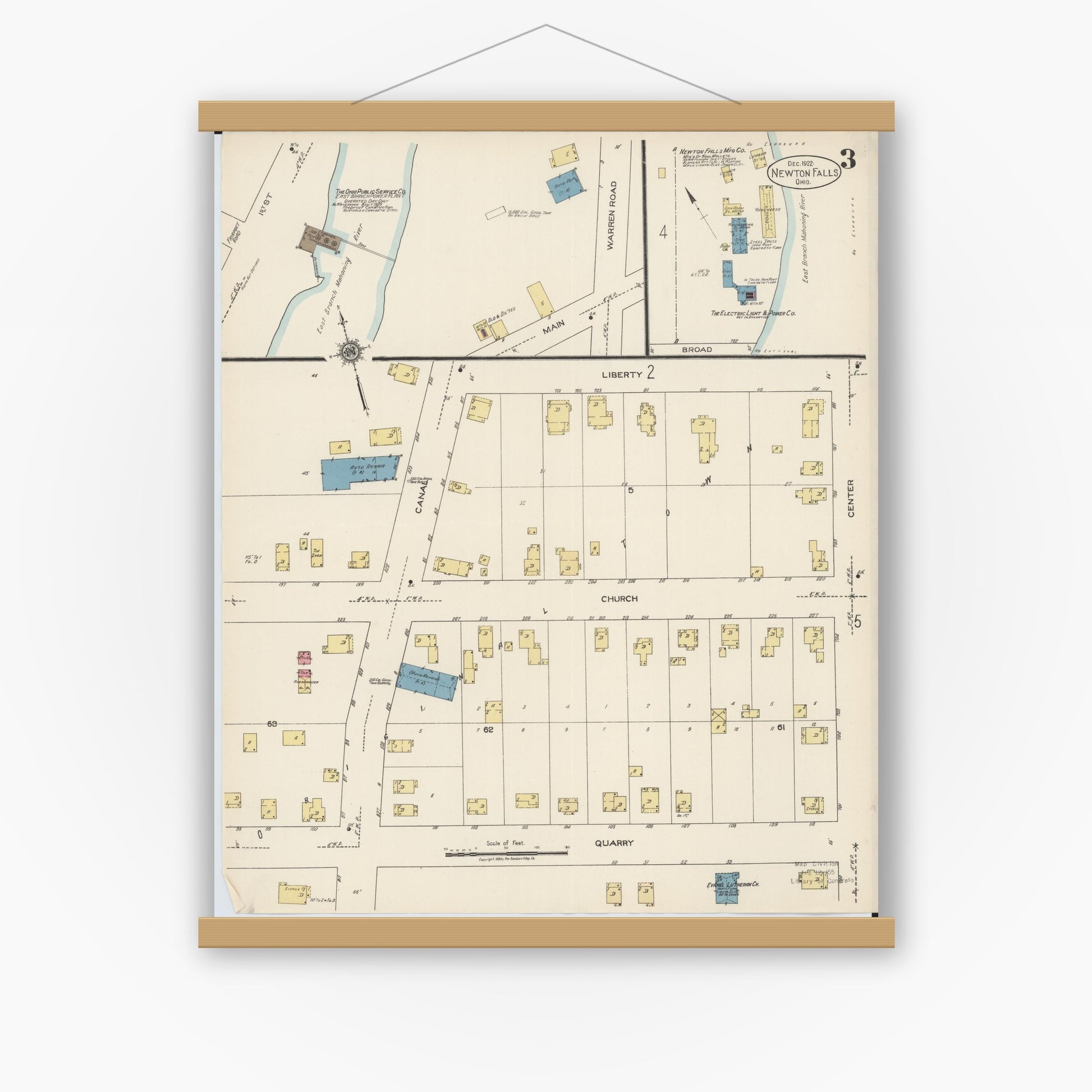 Old map wall art mockup — magnetic wood frame on white wall — Sanborn Fire Insurance Map from Newton Falls, Trumbull County, Ohio (1922), Sheet #0003