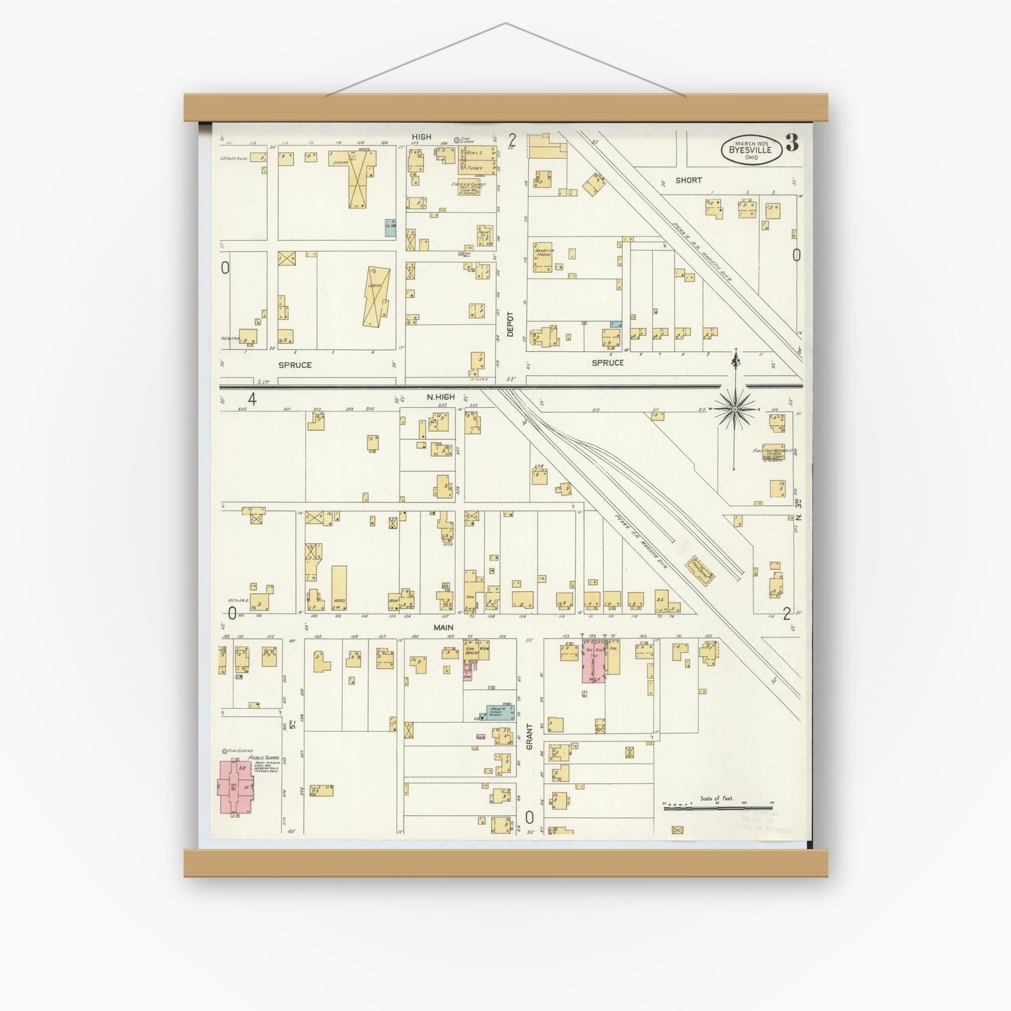 Old map wall art mockup — magnetic wood frame on white wall — Sanborn Fire Insurance Map from Byesville, Guernsey County, Ohio (1905), Sheet #0003