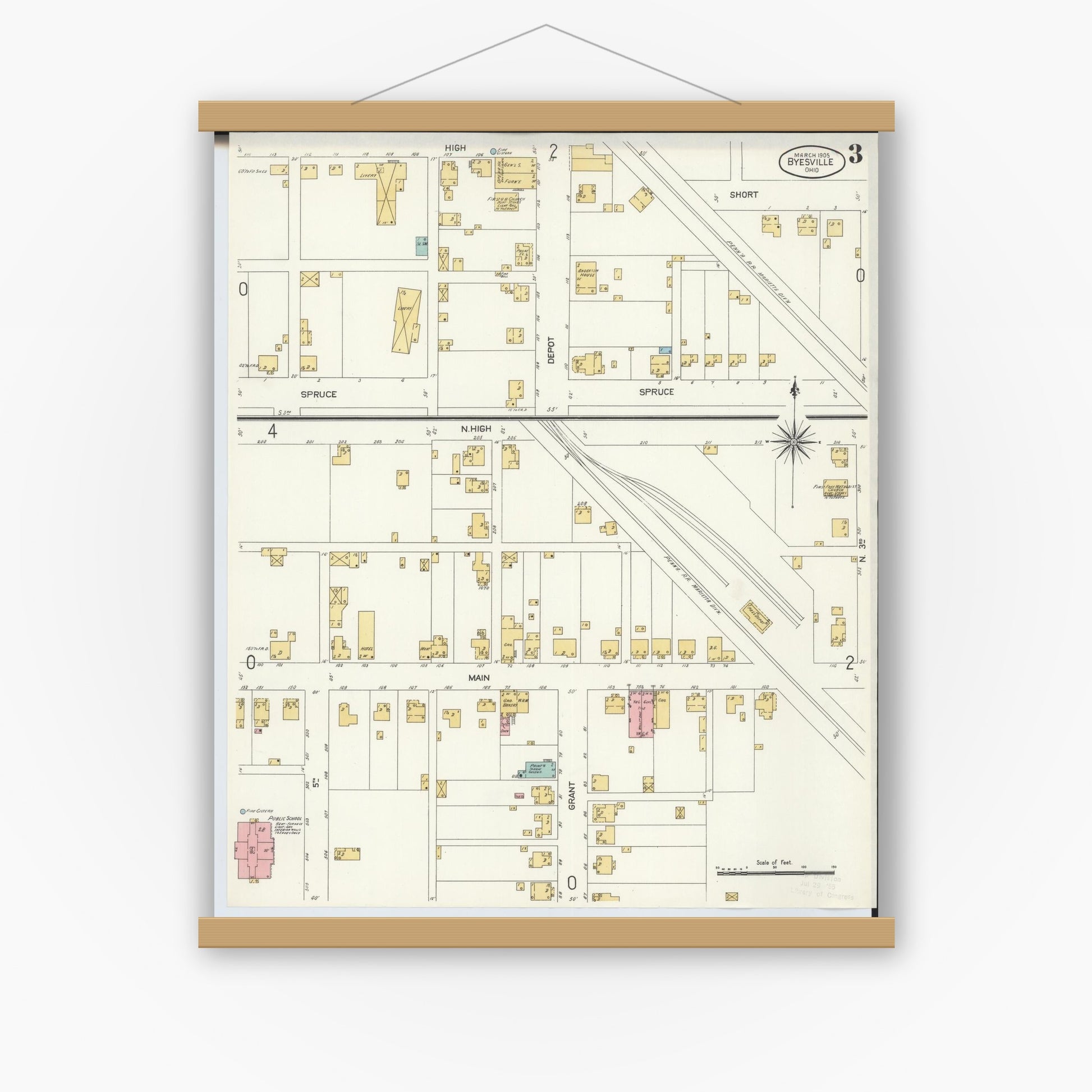 Old map wall art mockup — magnetic wood frame on white wall — Sanborn Fire Insurance Map from Byesville, Guernsey County, Ohio (1905), Sheet #0003