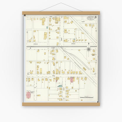 Old map wall art mockup — magnetic wood frame on white wall — Sanborn Fire Insurance Map from Byesville, Guernsey County, Ohio (1905), Sheet #0003
