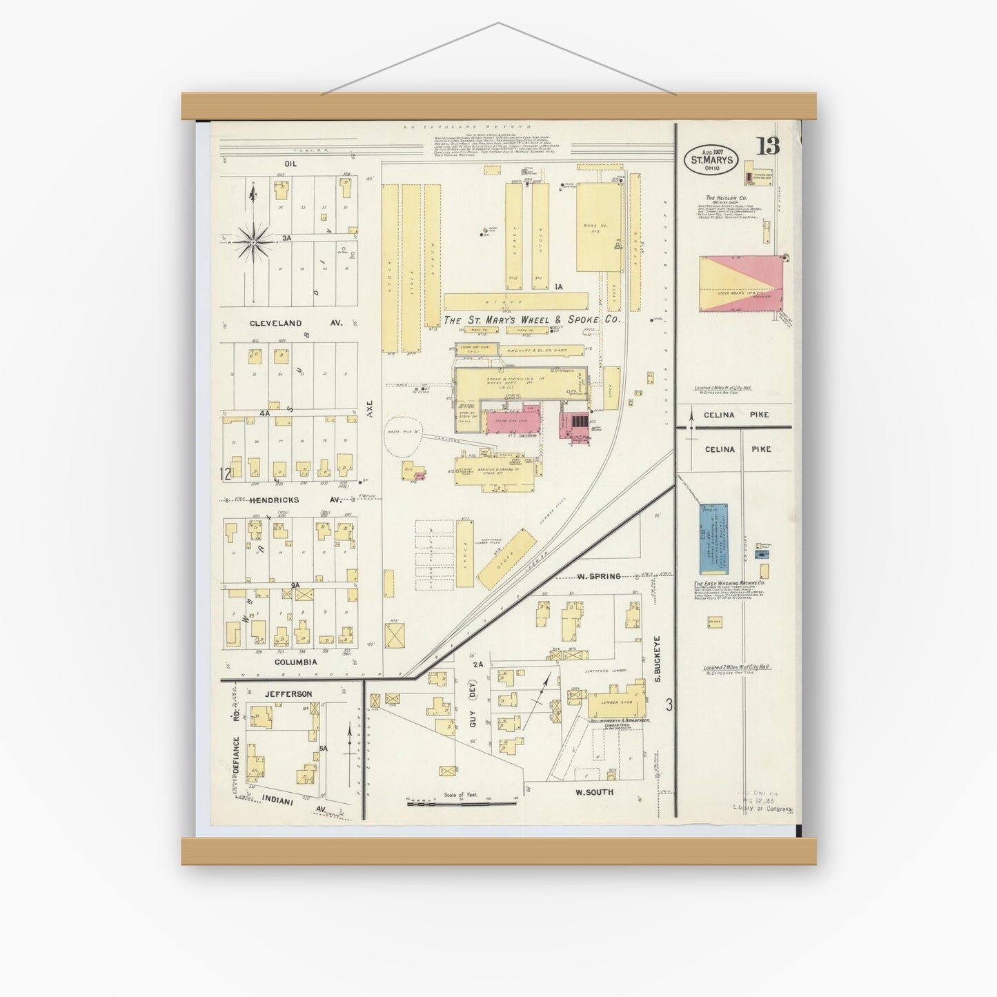 Old map wall art mockup — magnetic wood frame on white wall — Sanborn Fire Insurance Map from Saint Marys, Auglaize County, Ohio (1907), Sheet #0013