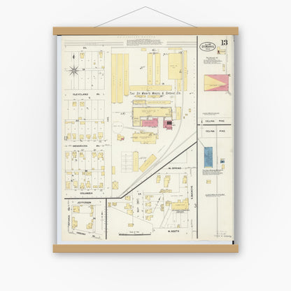 Old map wall art mockup — magnetic wood frame on white wall — Sanborn Fire Insurance Map from Saint Marys, Auglaize County, Ohio (1907), Sheet #0013