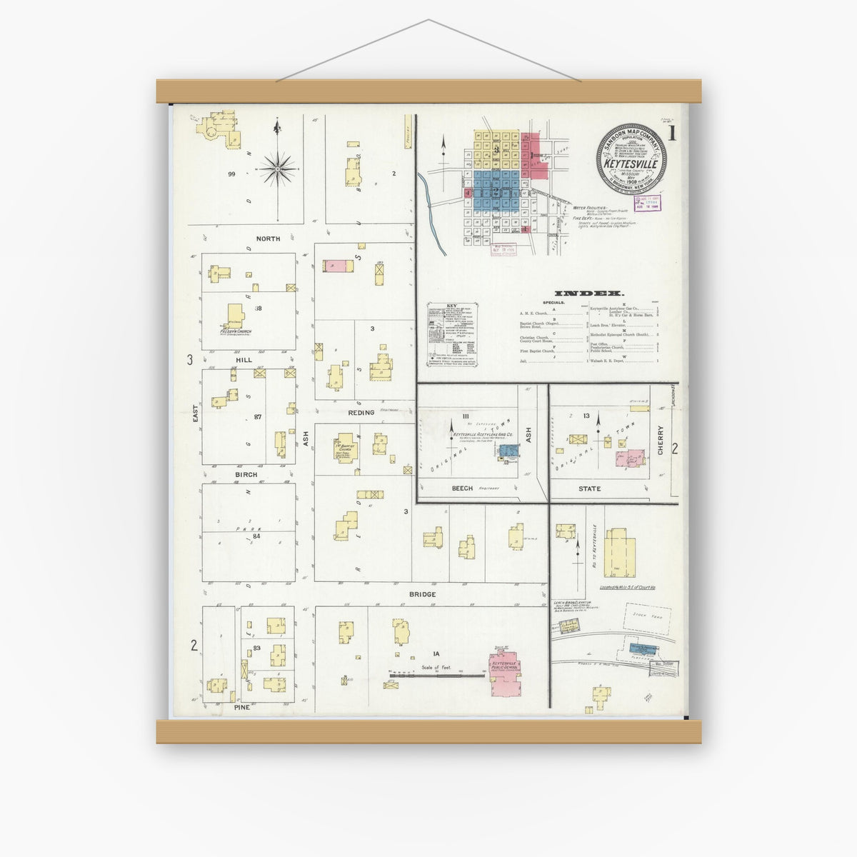 Old map wall art mockup — magnetic wood frame on white wall — Sanborn Fire Insurance Map from Keytesville, Chariton County, Missouri (1909), Sheet #0001
