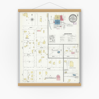 Old map wall art mockup — magnetic wood frame on white wall — Sanborn Fire Insurance Map from Keytesville, Chariton County, Missouri (1909), Sheet #0001