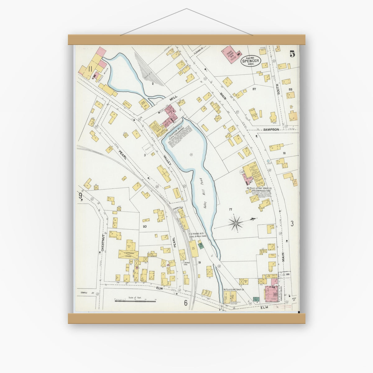 Old map wall art mockup — magnetic wood frame on white wall — Sanborn Fire Insurance Map from Spencer, Worcester County, Massachusetts (1901), Sheet #0005