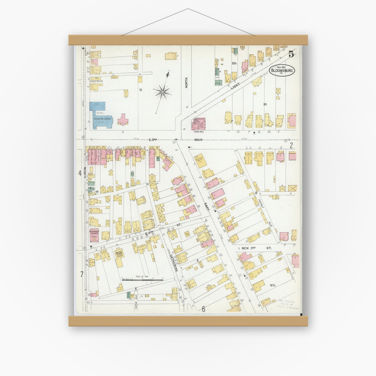 Old map wall art mockup — magnetic wood frame on white wall — Sanborn Fire Insurance Map from Bloomsburg, Columbia County, Pennsylvania (1901), Sheet #0005