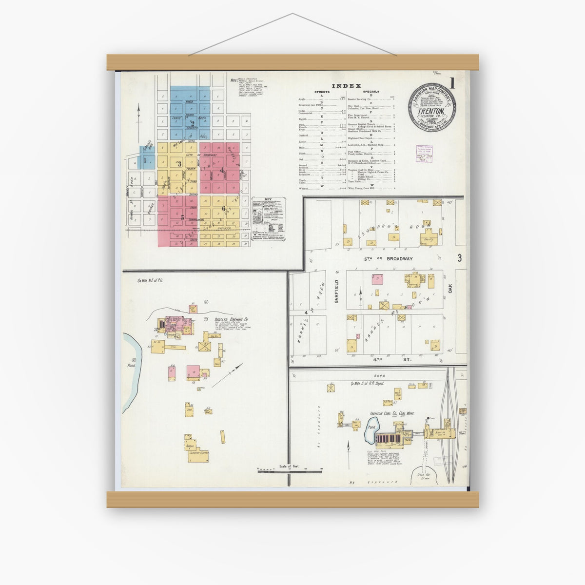 Old map wall art mockup — magnetic wood frame on white wall — Sanborn Fire Insurance Map from Trenton, Clinton County, Illinois (1906), Sheet #0001